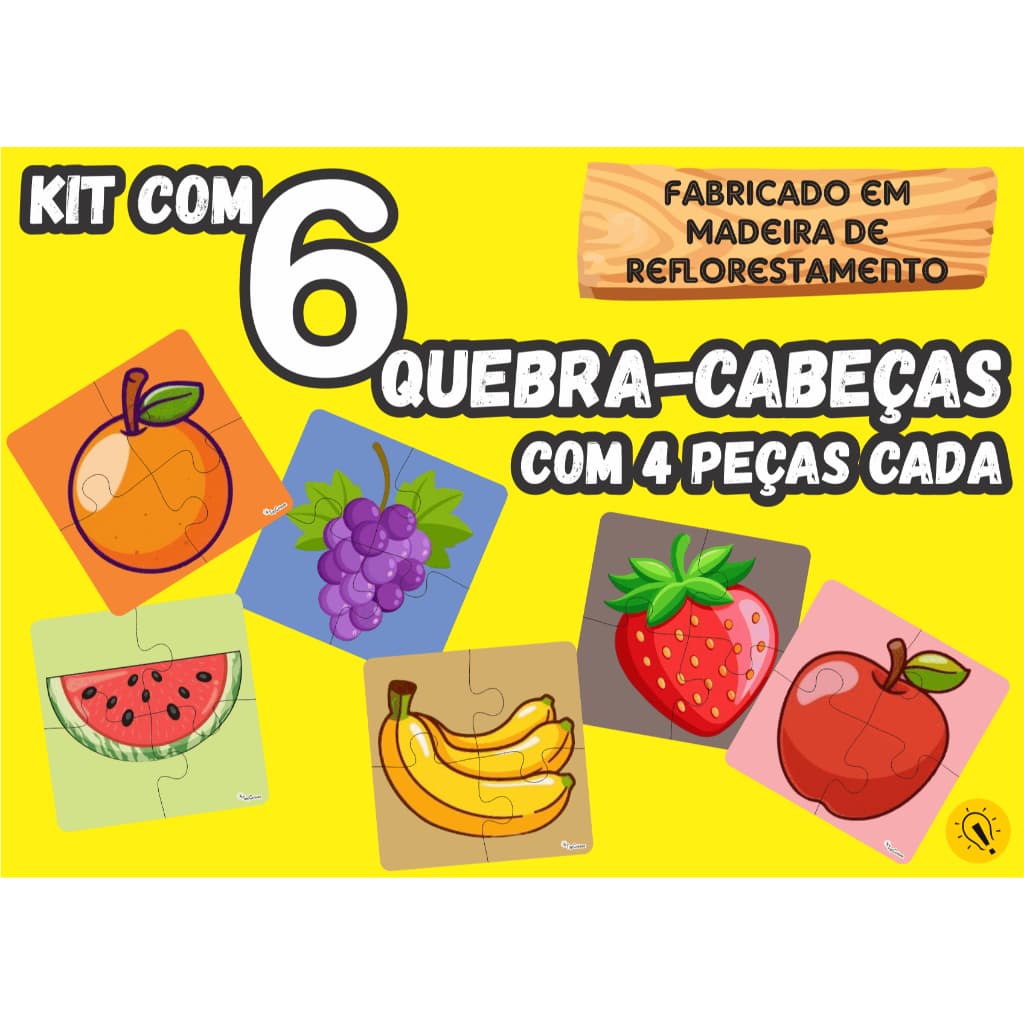 Kit 6 Quebra Cabeça Frutas Infantil Madeira Com 4 Peças