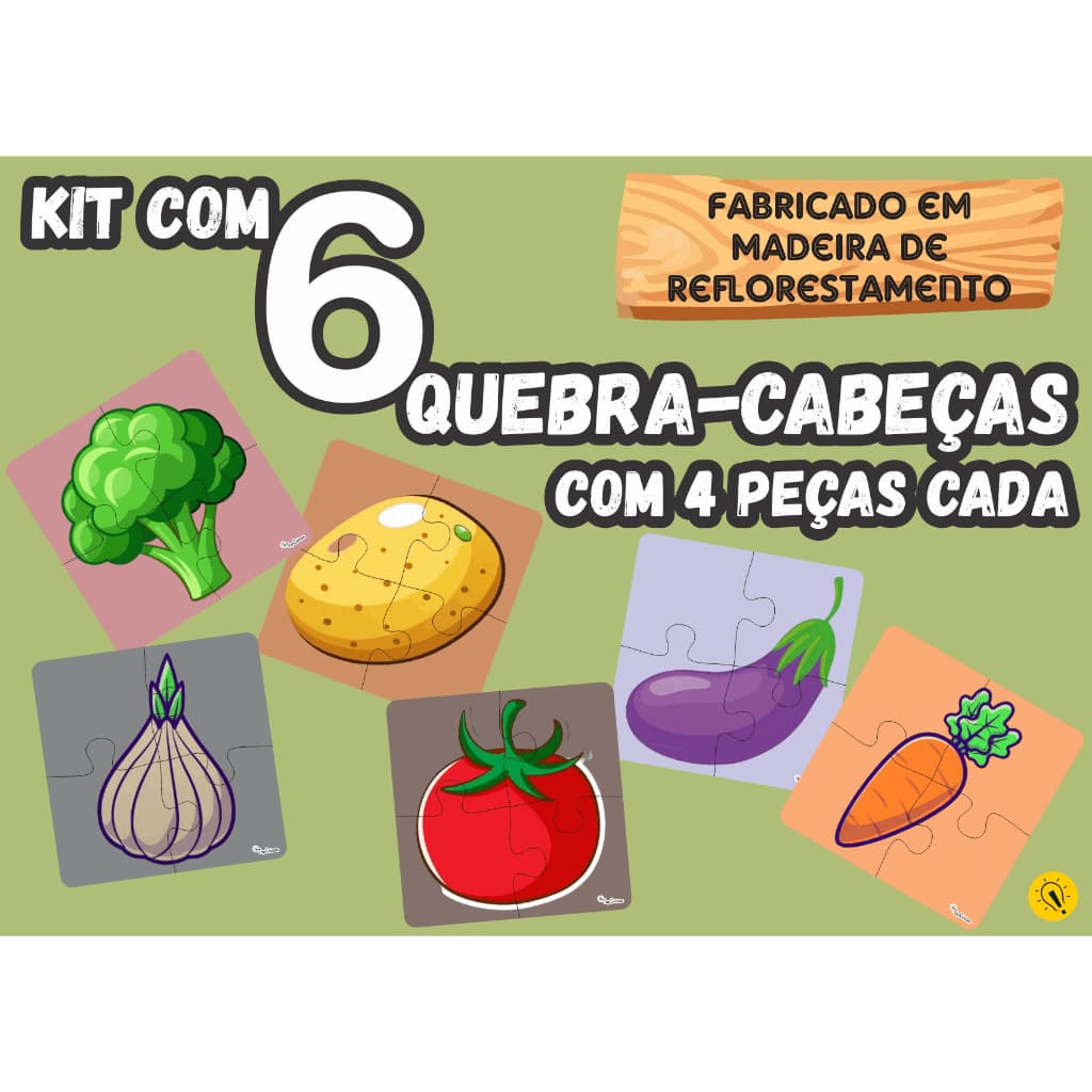 Kit 6 Quebra Cabeça Legumes Madeira Com 4 Peças