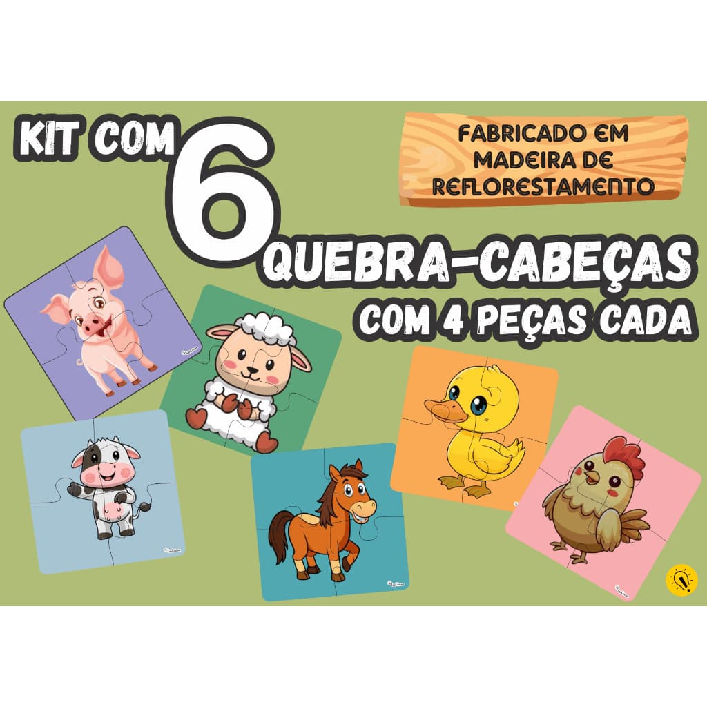 Kit 6 Quebra Cabeça Animais Fazenda Madeira Com 4 Peças