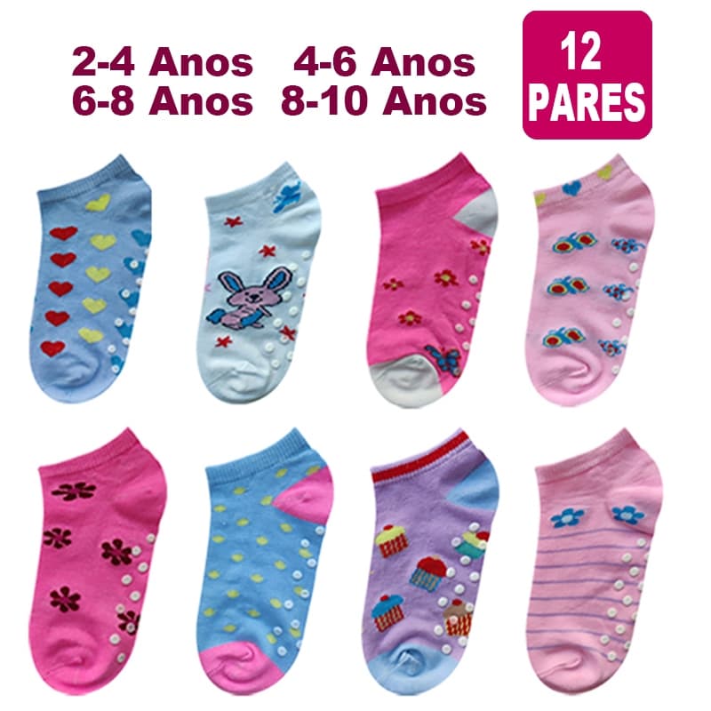 Kit 12 Pares Meias Infantil Para Meninas De Femininas Estampada E Com Antiderrapante