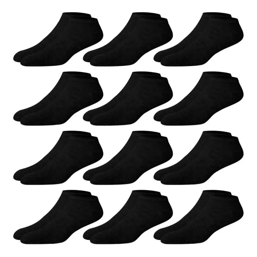 12 Pares de Meias Soquete Cano Curto Algodão Unissex 38-44 Respiráveis Todo Preto
