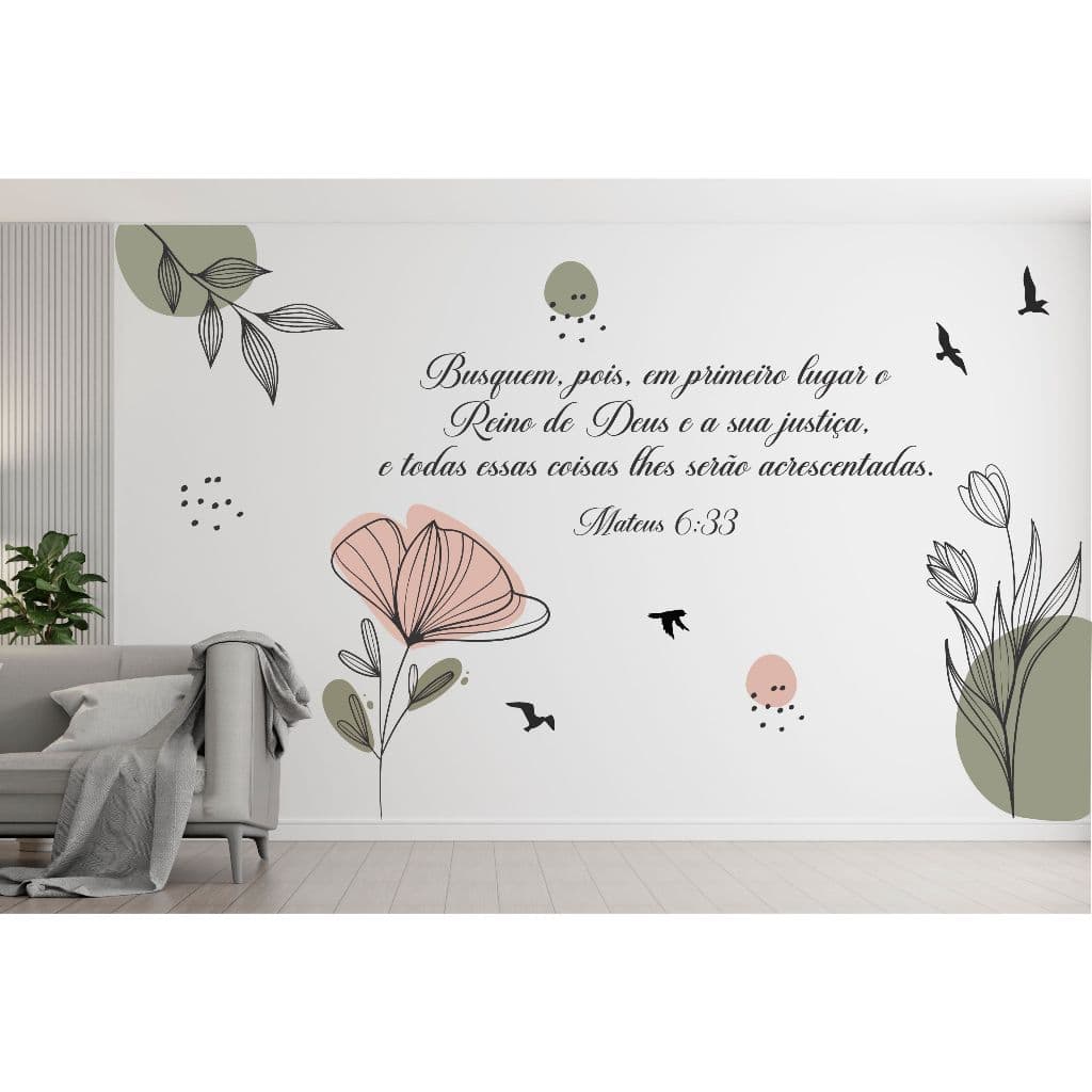 Adesivo de parede versículo bíblico Mateus 6 boho minimalista floral pássaros galho verde BV12