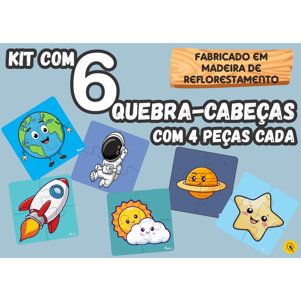 Kit 6 Quebra Cabeça Astronauta Madeira Com 4 Peças
