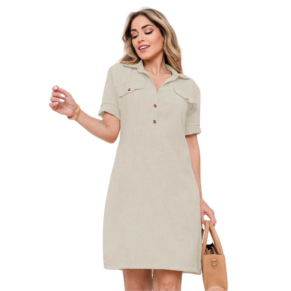 Vestido Feminino Curto Chemise Gola Linho com Botão e Bolso Verão