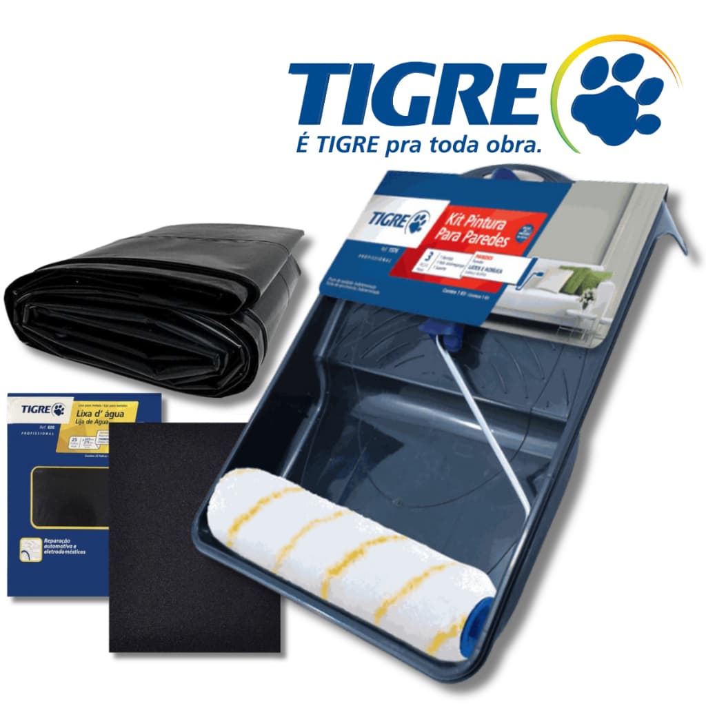Kit Rolo de Pintura 3 Pçs Antirrespingo Tigre + 2 Lixas + 2 Metros de Lona Kit para Pintura Parede