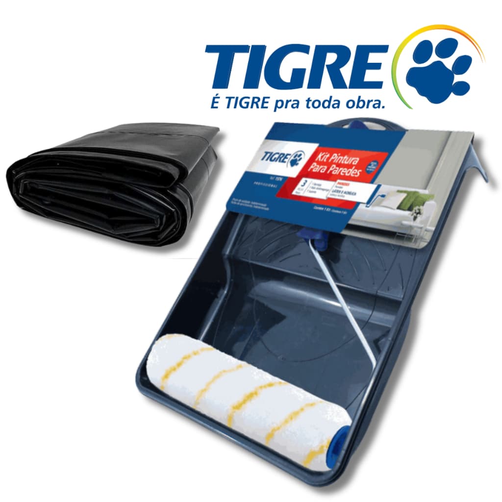 Kit de Pintura Parede Rolo Anti Respingo 3 Pçs Tigre + 2 Metros de Lona Kit Pintura Profissional
