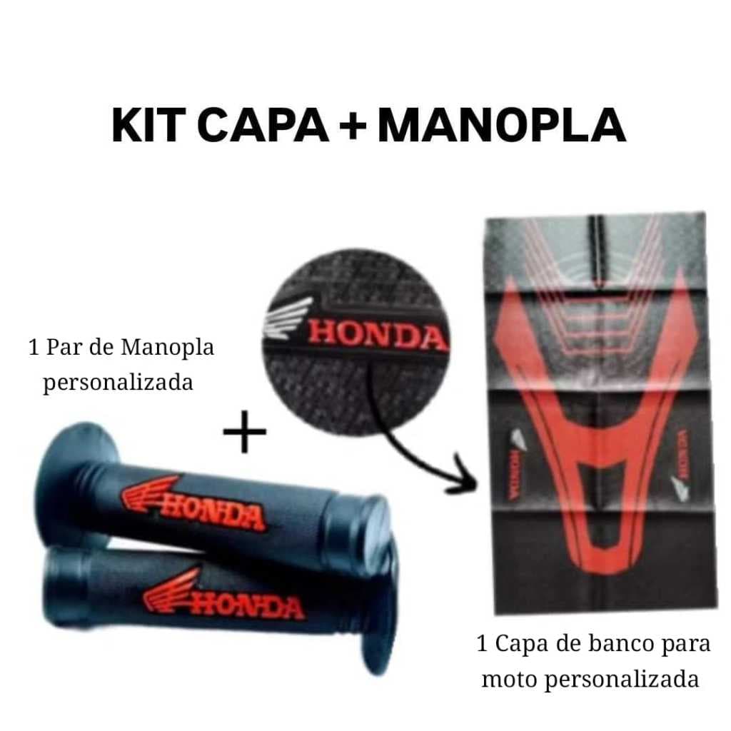 Kit Capa de Banco para Moto e Manopla Punho Luva Diamante Personalizada Honda Vermelho