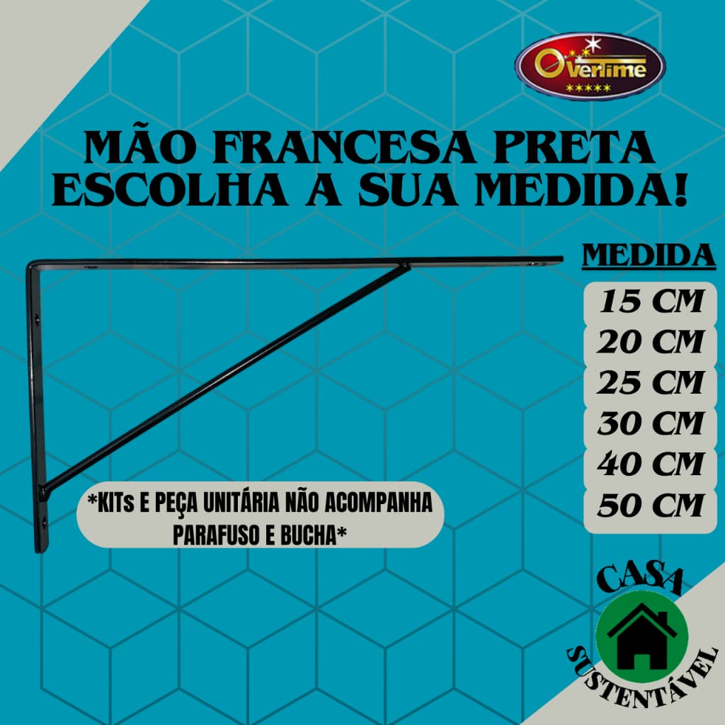 Cantoneira Mão Francesa Suporte Preto Para Prateleira de 15 a 30 cm Leve Reforçada Preta Overtime