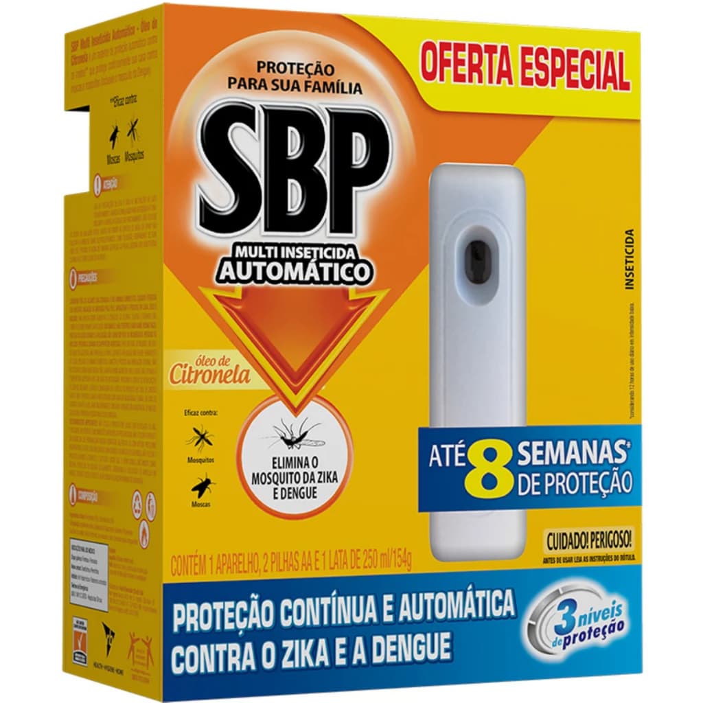 SBP Automático Multi Inseticida Aparelho + Refil de 250ml – Aroma Tradicional ou Citronela