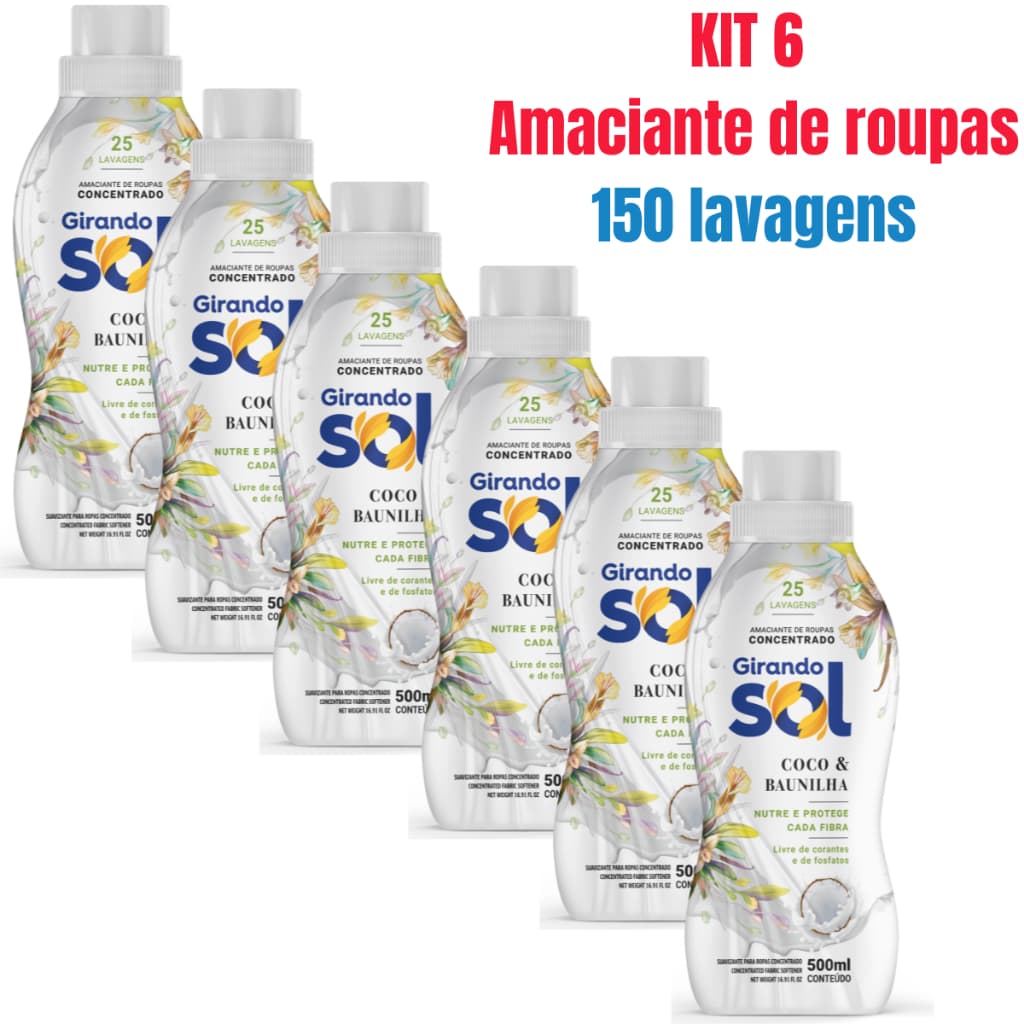 Kit 6 Amaciante Girando Sol Coco E Baunilha Concentrado 500ml - Rende até 25 Lavagens Cada