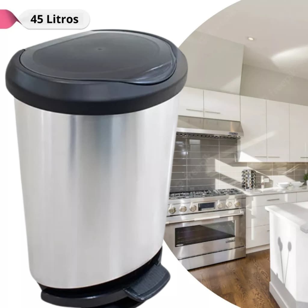 Lixeira Com Pedal E Borda 45 Litros Prata Label Cesto Lixo