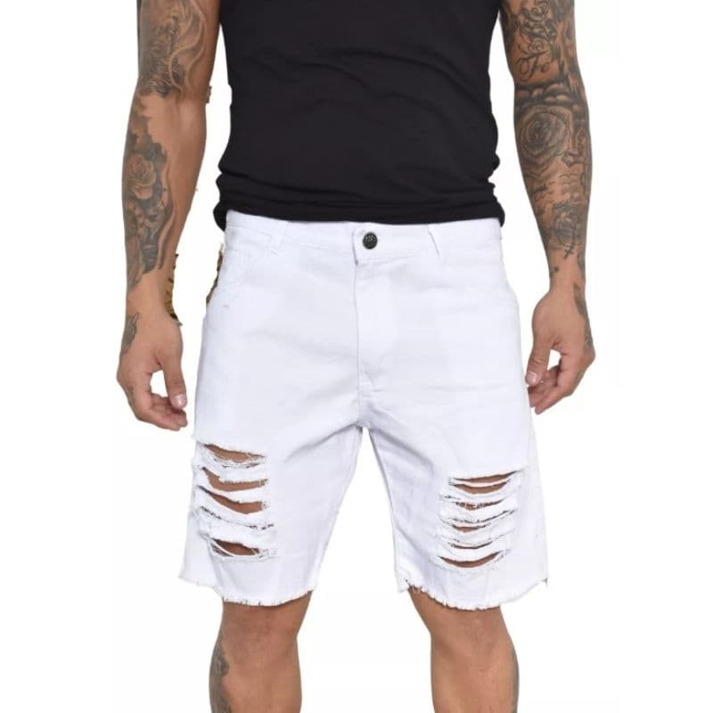 Bermuda Jeans Masculina Branca Rasgada C/Lycra Estilo e Conforto Moda Casual