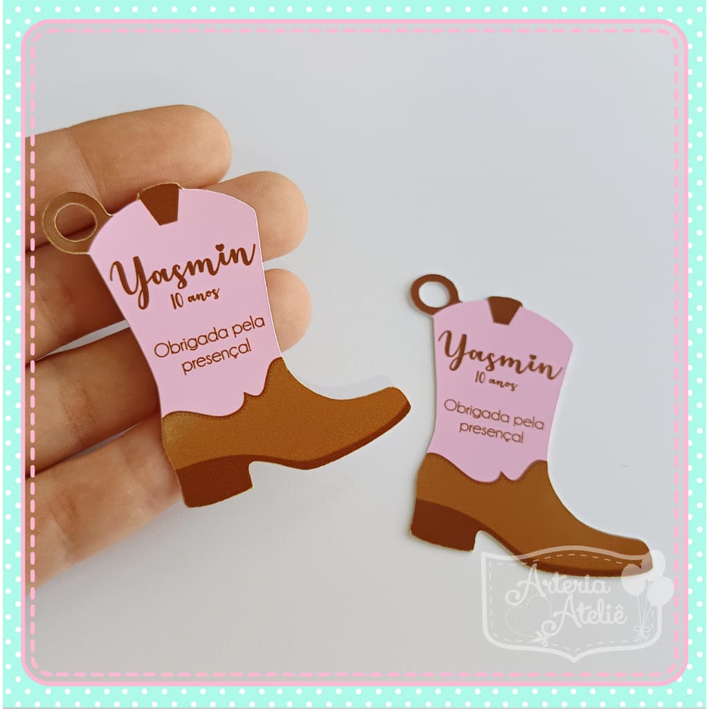Tag pendurar lembrancinha personalizados festa aniversário boiadeira fazenda bota botina fazendeira menina cavalo rosa