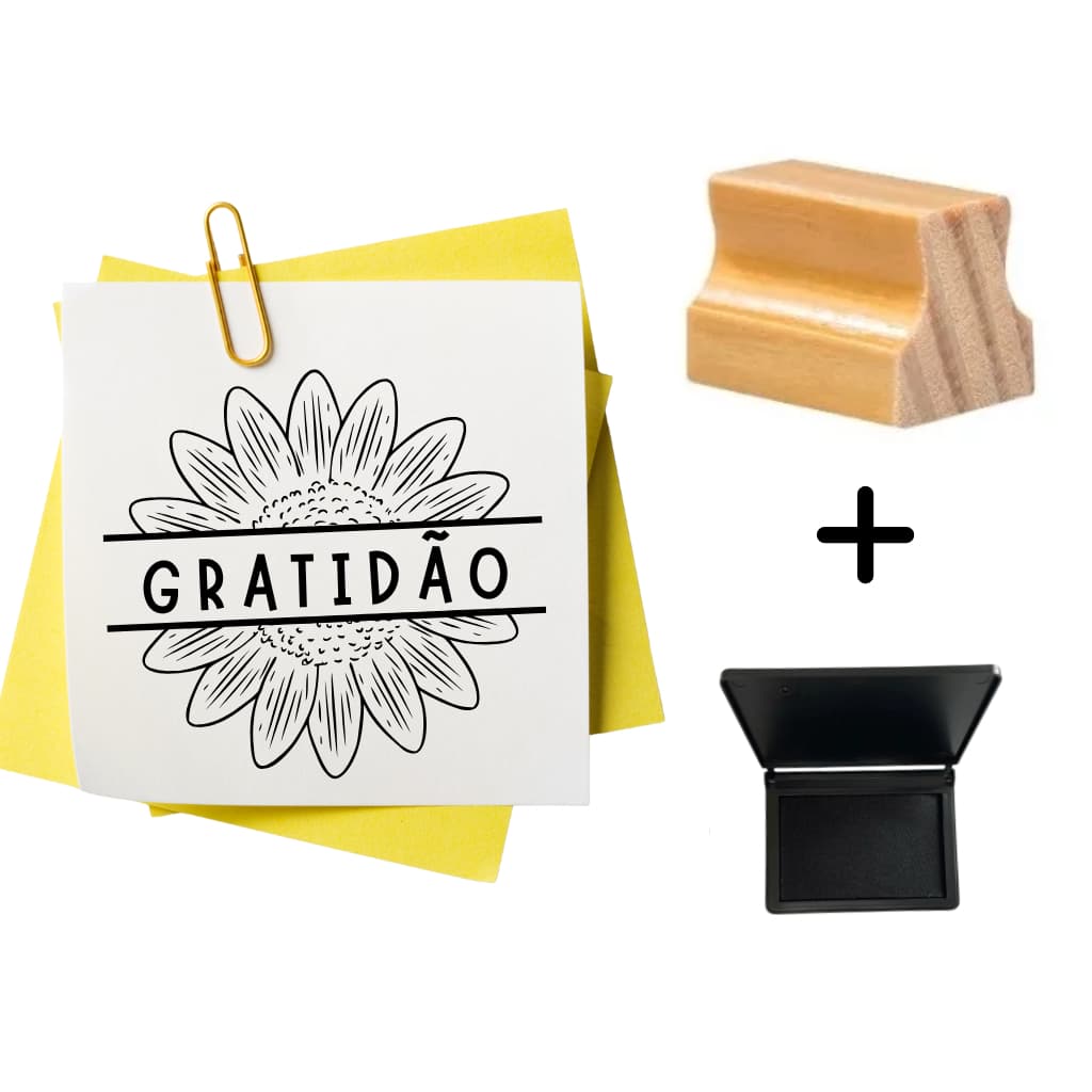 Carimbo Gratidão Girassol - Carimbo de madeira Gratidão + Almofada de tinta - Carimbo 4 cm Gratidão