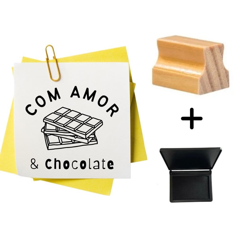 Carimbo Com amor e Chocolate - Carimbo de madeira Chocolate + Almofada de tinta - Carimbo 4 cm