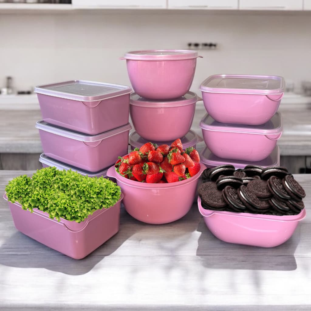 Kit 12 Potes Com Tampa Quadrado Retangular Bowl 1 Litro Marmita Vasilha Tapoer Rosa BB (4,4,4)