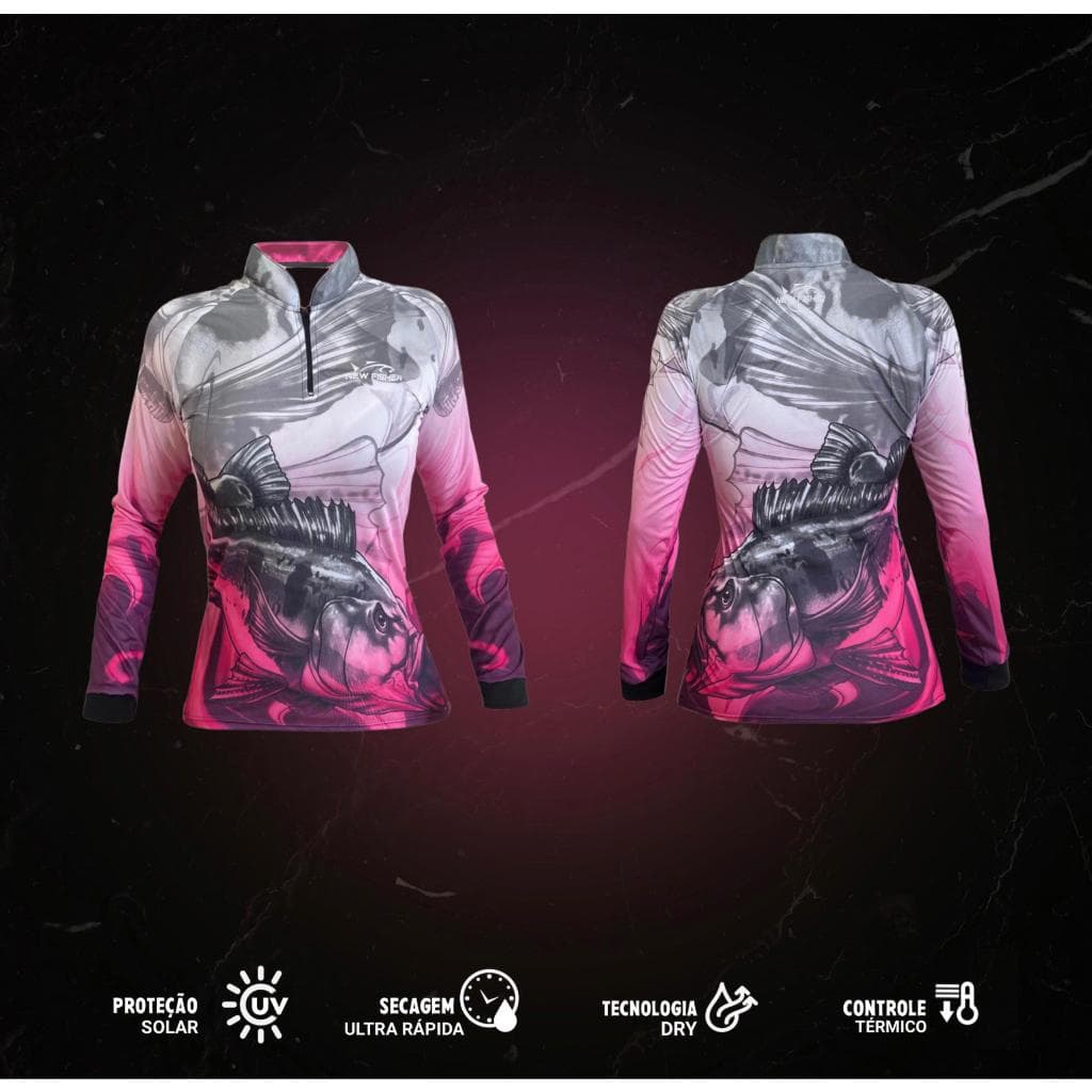 Camisa Camiseta de Pesca Feminina Tucunare Gola Zíper Proteção Solar UV New Fisher NF27F