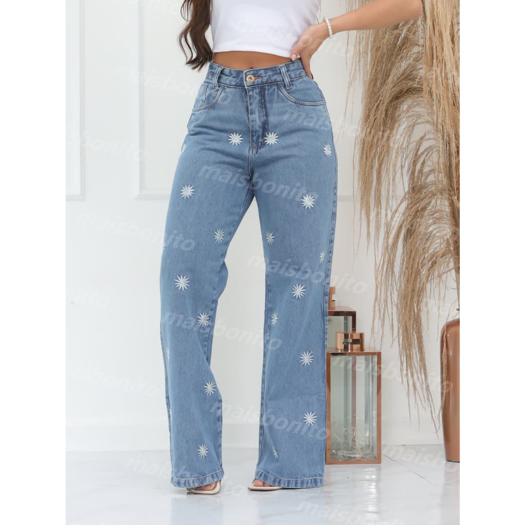 maisbonitomoda 5009 Calça Jeans feminina jeans casual  perna larga  cintuta alta pantalona wide leg Lisa