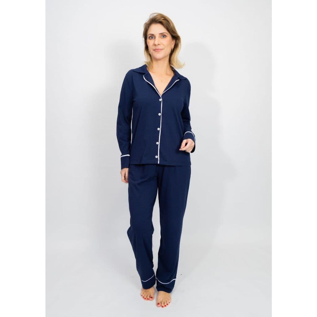 Pijama Feminino Americano Longo Botões Frente Algodão Pós-cirúrgico Amamentação Inverno - Marinho