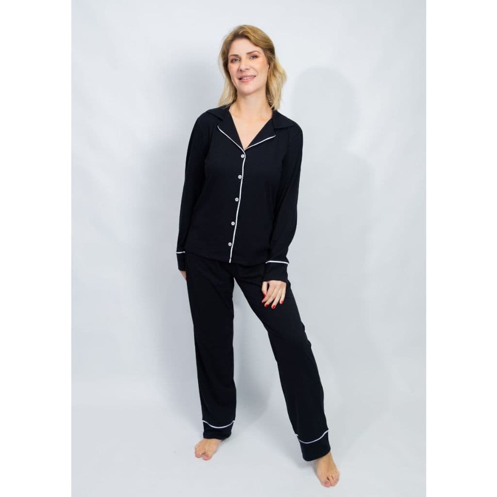 Pijama Feminino Americano Longo Botões Frente Algodão Pós-cirúrgico Amamentação Inverno - Preto