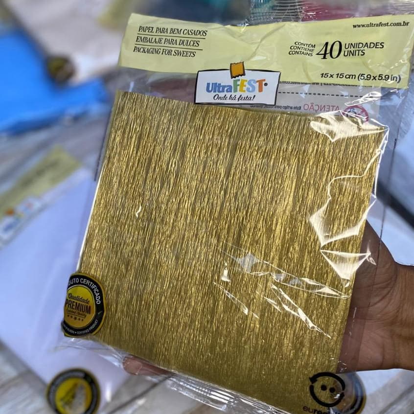 120 papel bem casado OURO + celofane 15 cm x 17 cm