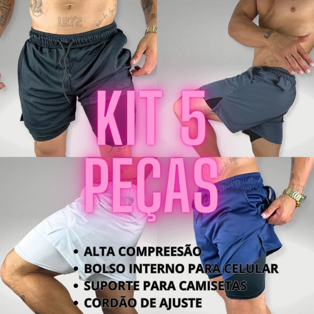 Kit 5 Shorts Térmicos Masculinos 2 em 1 Com Suporte Para Celular