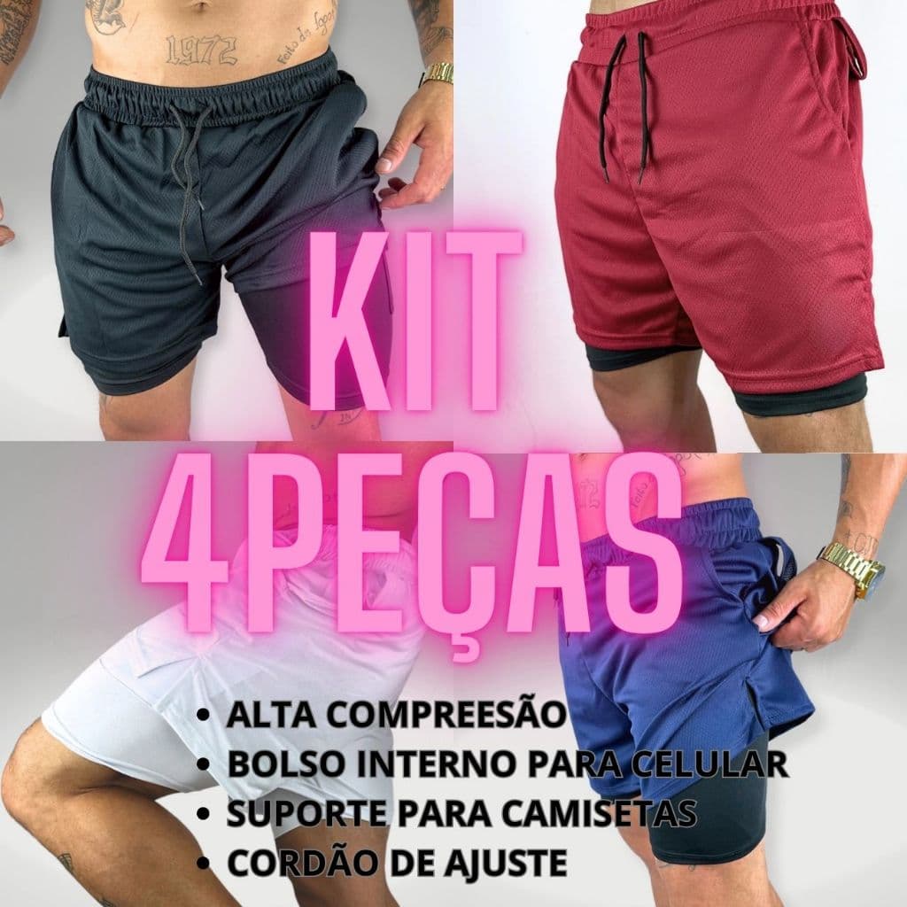 Kit 4 Shorts 2 Em 1 Forrados Masculinos Academia