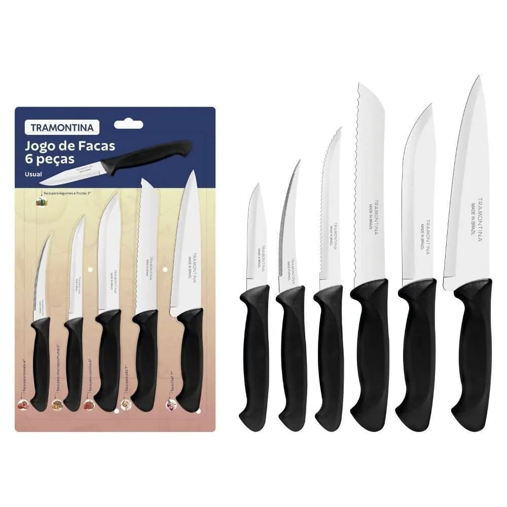 Kit 6 Facas Tramontina para cozinha inox cabo preto usual chef