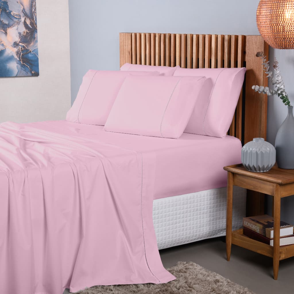 Jogo De Cama Casal 4 Peças 200 Fios 100% Algodão Tecido Premium - Rosa