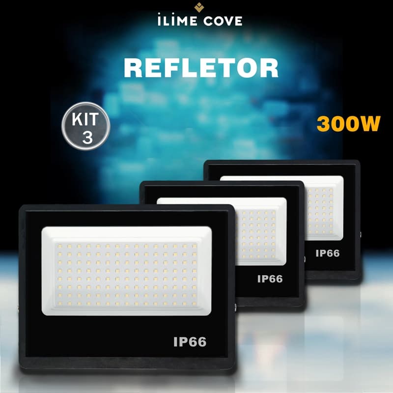 Kit 3 Refletor LED 300W Holofote, Bivolt Super Brilhante Econômico com IP66 à Prova d'Água Externas