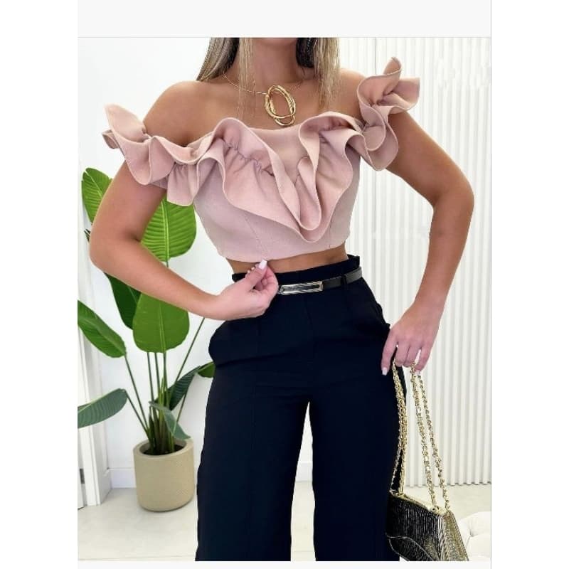 cropped alfaiataria um ombro com babados moda feminina #A-8