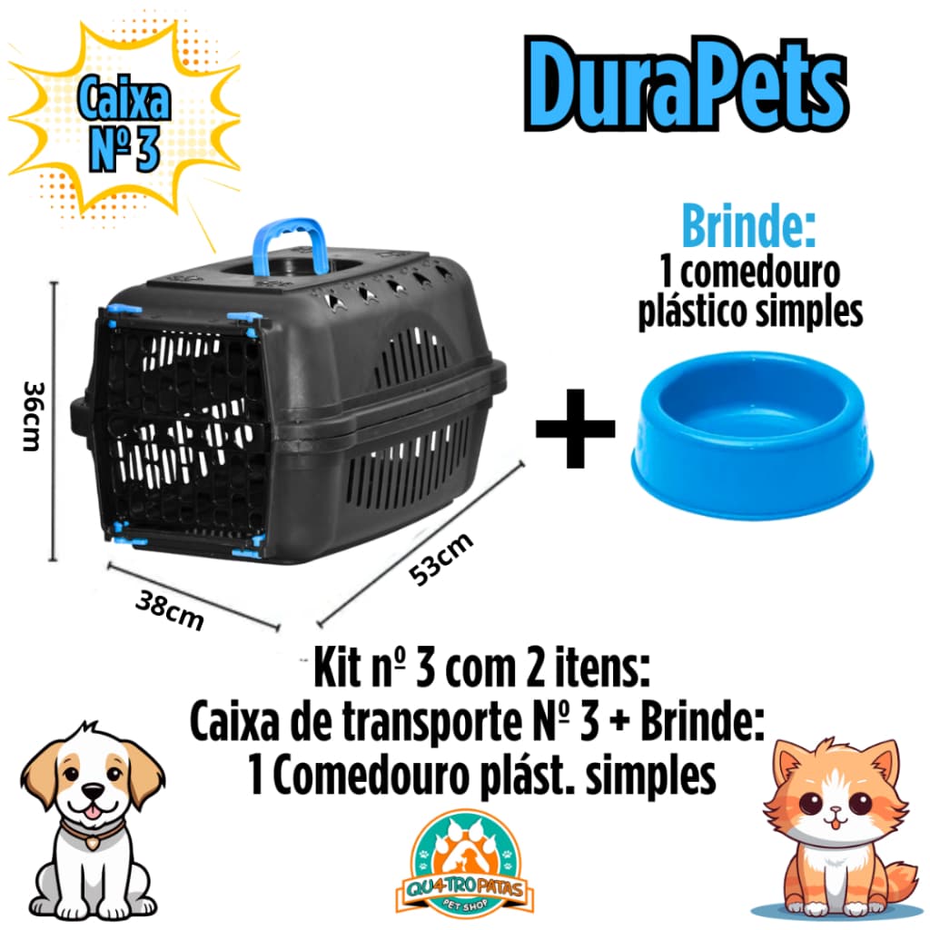 Caixa de Transporte DuraPets Nº 3 + 1 Comedouro plást. simples (brinde)