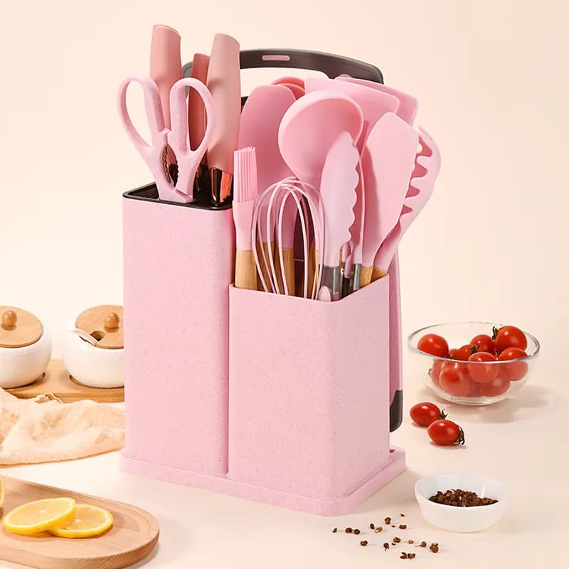 Kit Completo Jogo Utensílios de Cozinha Luxo Com Tábua em Silicone Espátula Faca Tesoura Várias Cores e Modelos