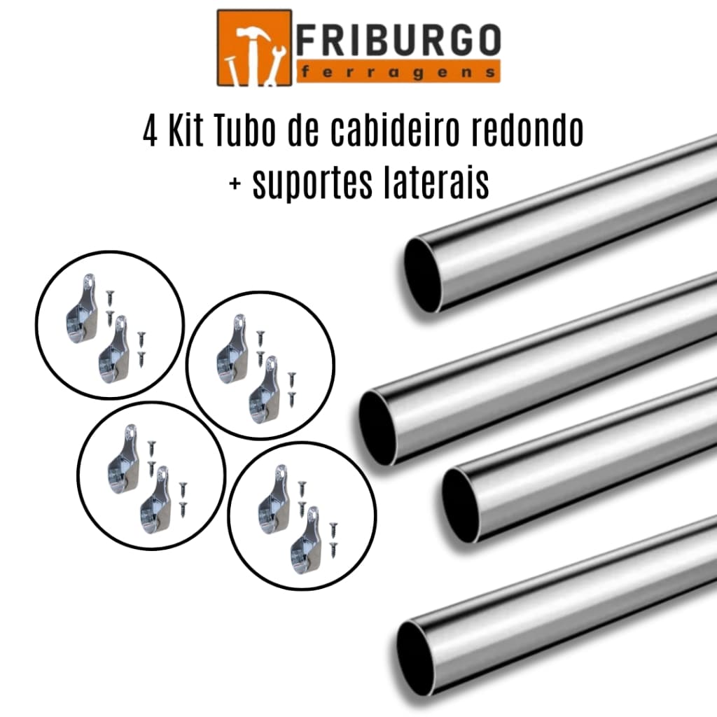 4 Kit Tubo Cabideiro Redondo P/ Guarda Roupa