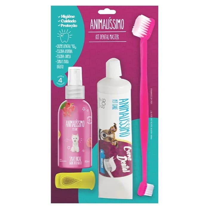 Pasta De Dente Cães Pet + Escova + Dedeira + Spray Bucal