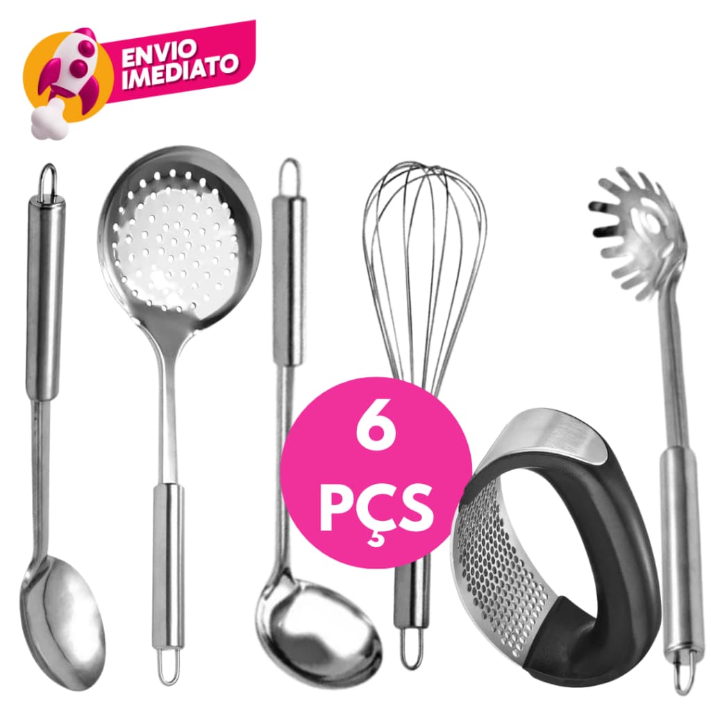 Kit 6 Pç: Concha Colher Arroz Pegador Massa Escumadeira Universal Batedor Claras Amassador Alho Inox