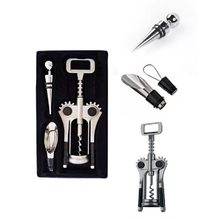 Kit Para Vinho Com Abridor Saca Rolhas Tampa E Bico Dosador Aço Inox Resistente