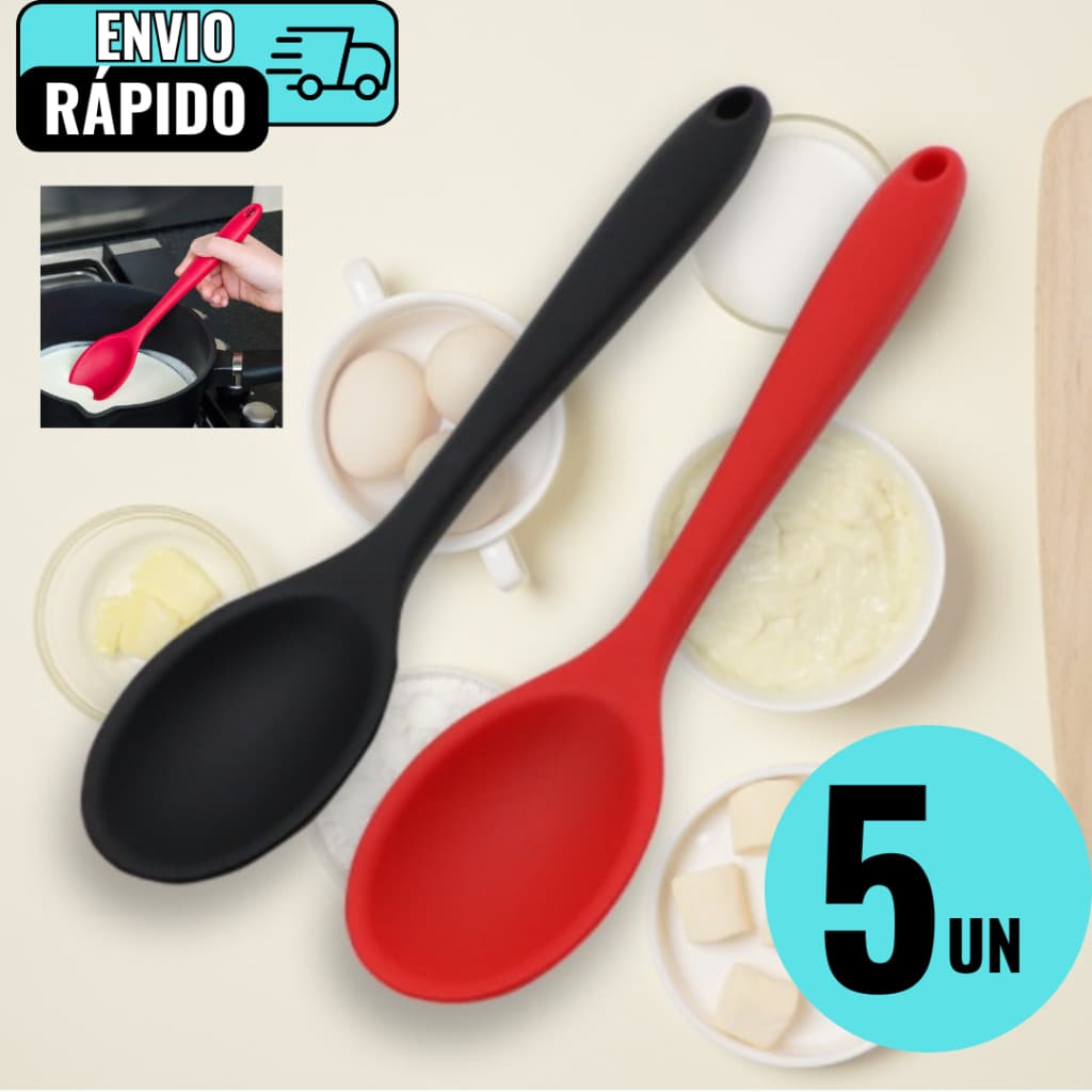 Conjunto 5 Colheres Redondas de Silicone Grande Vemelho E Preto