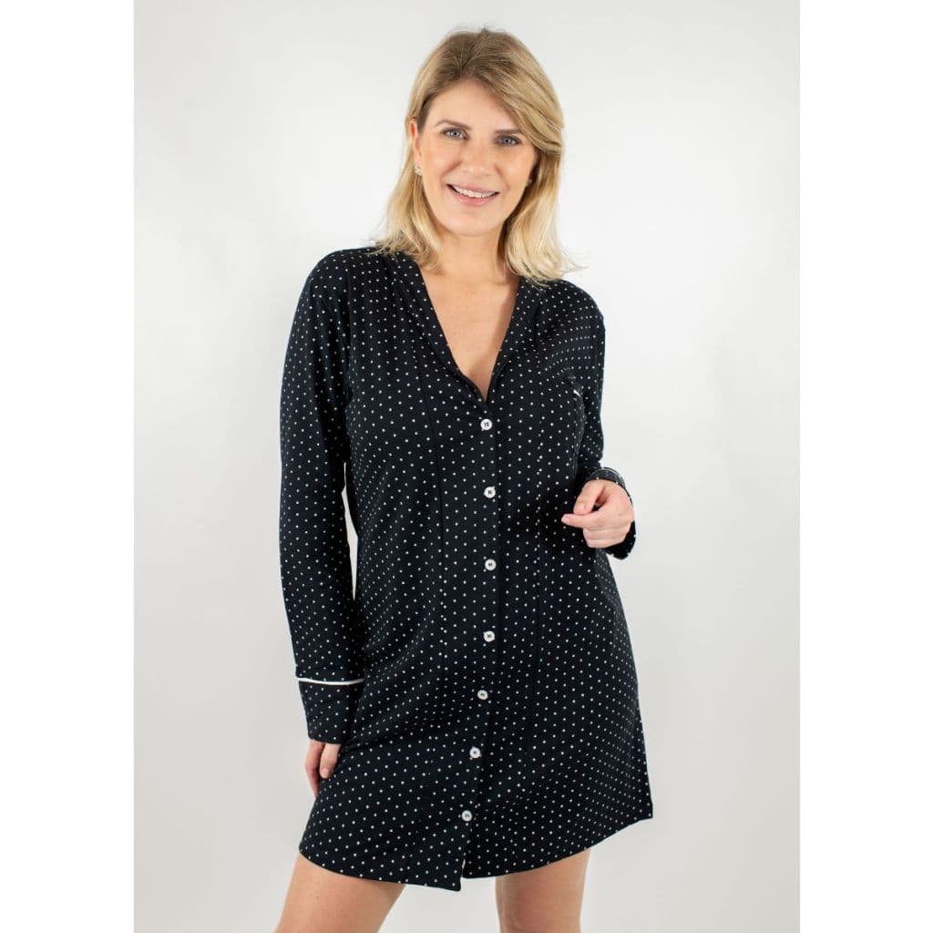 Camisola Feminina com Botões na Frente Manga Longa Algodão Pós-Cirúrgico Amamentação  – Preto Poá