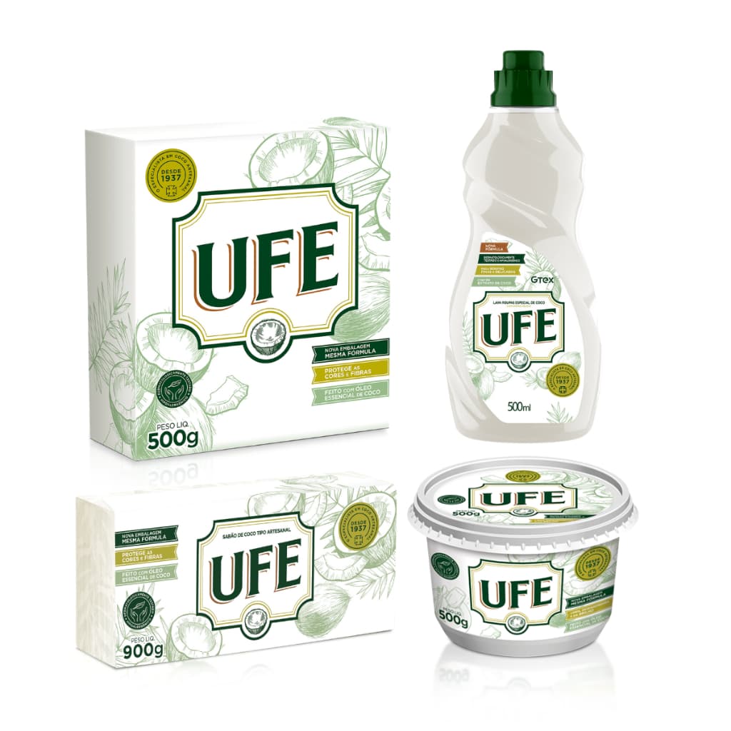 Kit UFE - 1 Lava Roupas Líquido Coco + 1 Sabão em Pasta Coco + 1 Sabão de Coco em pedra 900g + 1  Sabão de Coco em Pó