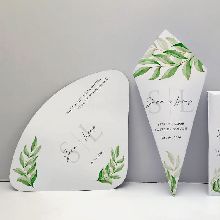 Ventarola Leque e Cone de Pétala Arroz para Casamento Personalizado com Nomes e Data Kit