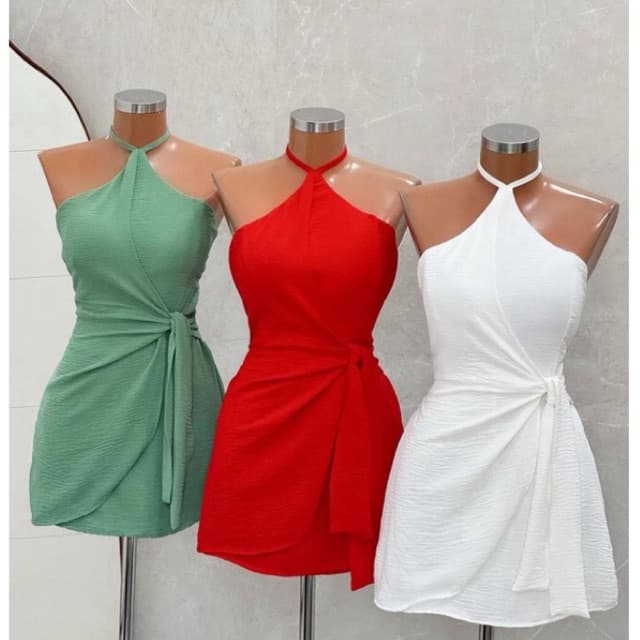 Vestido Macaquinho Feminino Amarração Lateral Costa nua Tendência Verão