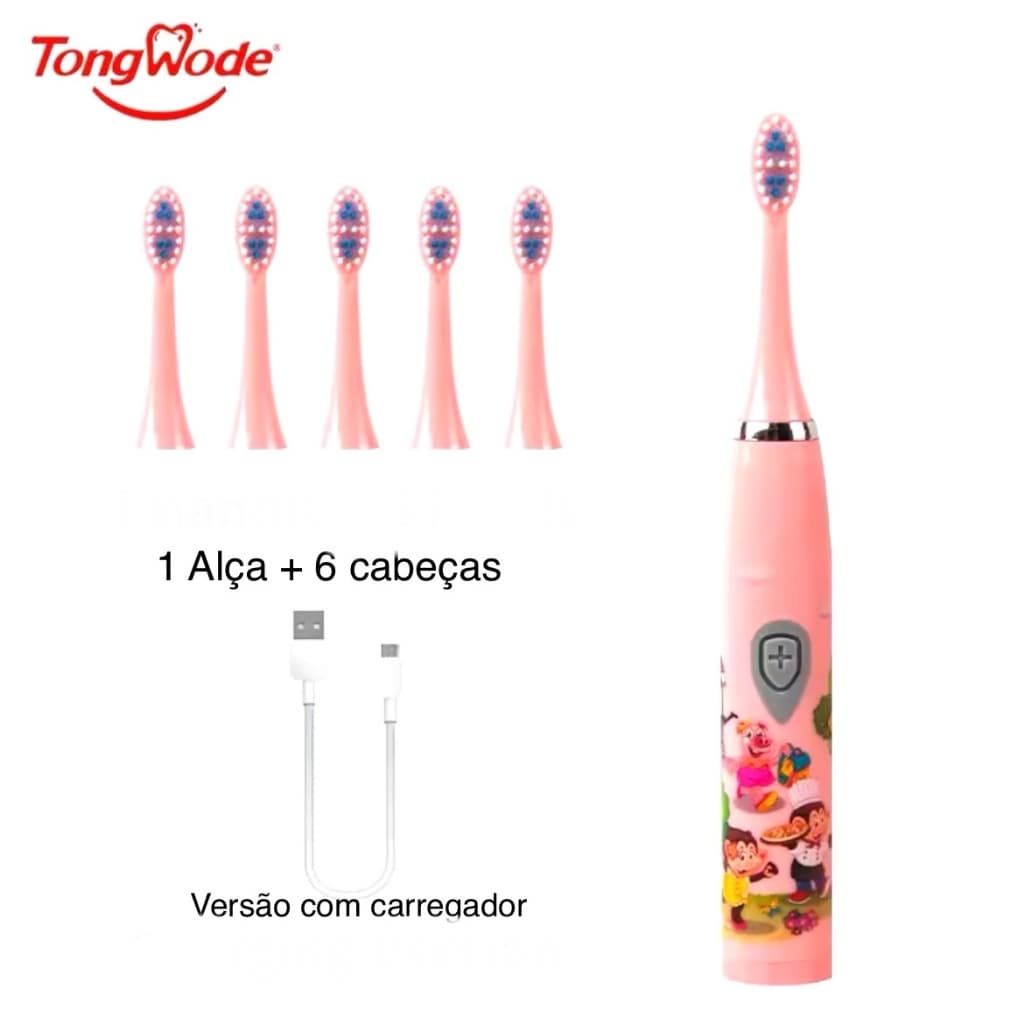 Escova de Dentes Elétrica Sônica Infantil Desenho Colorido USB Recarregável Macio Impermeável 6 pçs