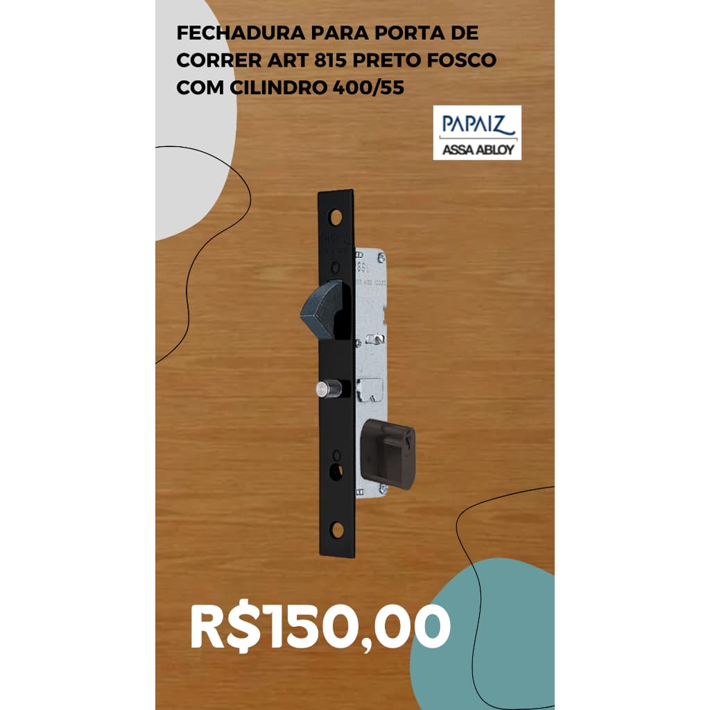 Fechadura para porta de Correr ART 815 Preto Fosco com Cilindro 400/55 - Papaiz