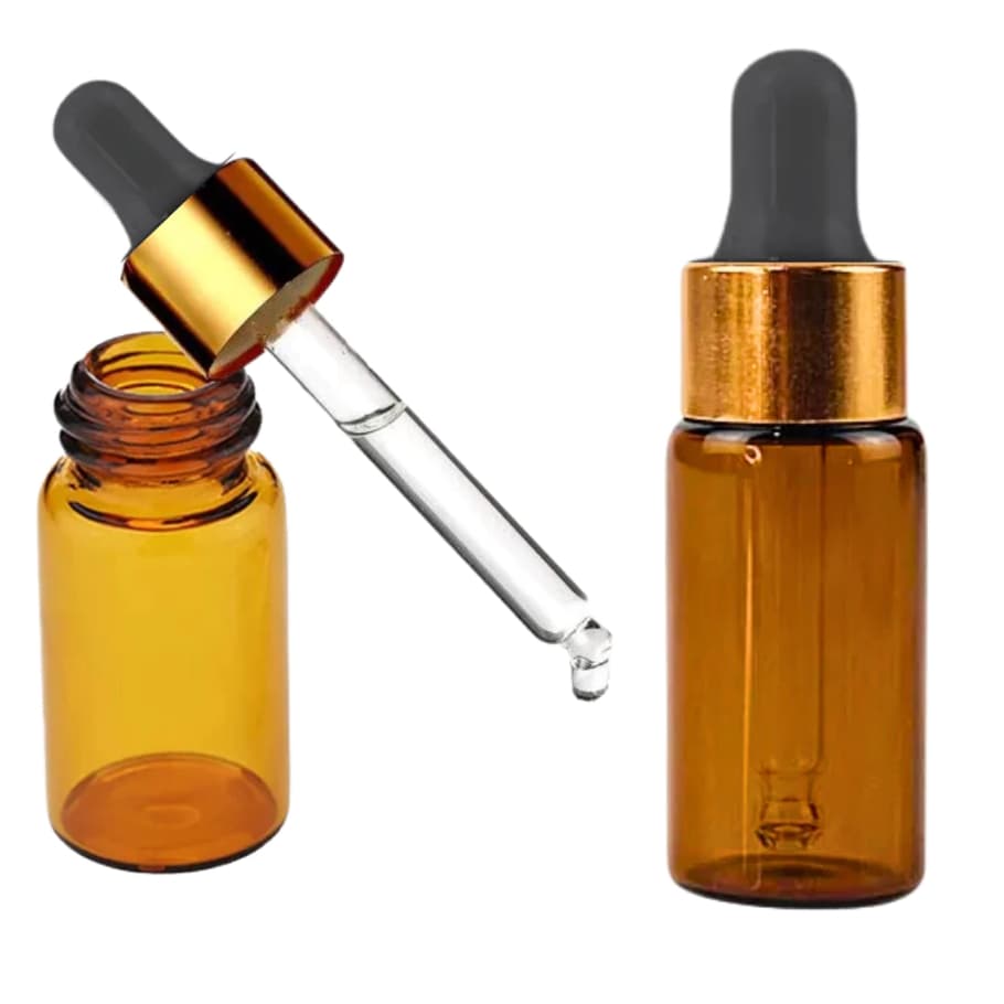 Frascos Conta Gotas 5ml Vidro Âmbar Luxo Bulbo e Canula Tampa Dourada Bulbo Preto Óleo Essencial