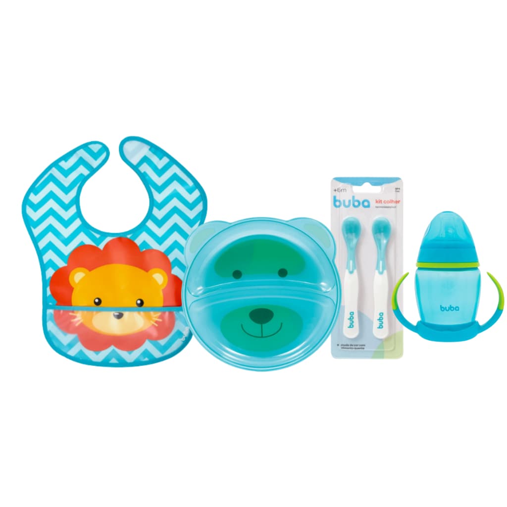 Kit Introdução Alimentar Buba Prato Bebê com Divisória Copo de Treinamento Colher Treinamento Babador Buba