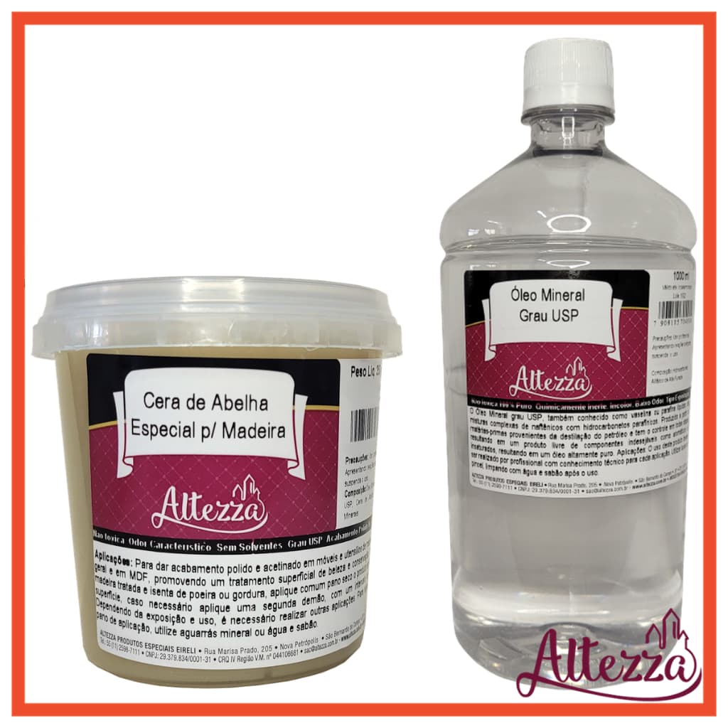 Kit Cera Pasta Abelha Para Madeira 350g + Oleo Mineral Usp 1000ml - Para Selar e Hidratar Tábua de Corte Carne Churrasco