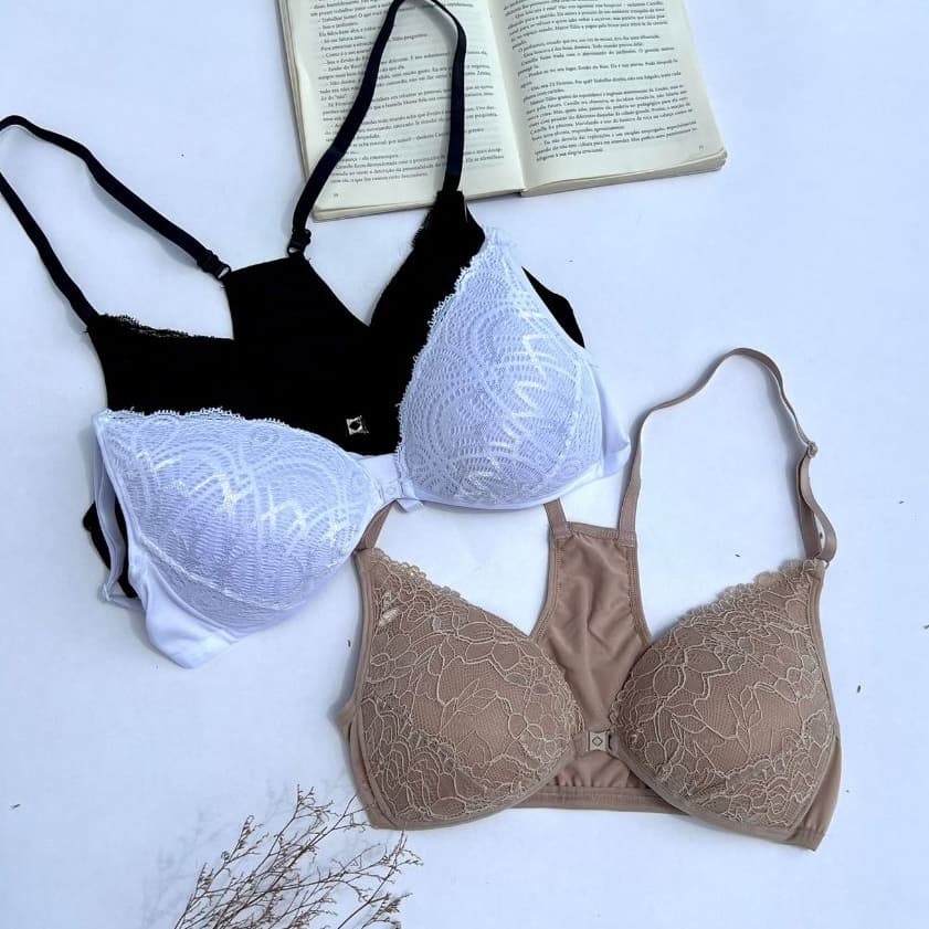3 Sutiãs de Renda Nadador com Bojo Soft Fecho Frontal Sutien Conforto Dia Dia Moda íntima Feminina