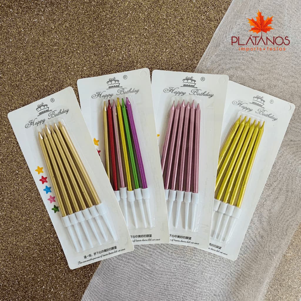Vela Palito Metalizada 11,05x0,5 - KIT COM 6 UNIDADES Aniversário Festa Vela Decoração