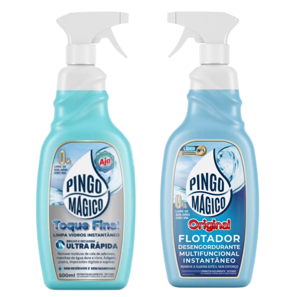Pingo Magico Original 1L + Pingo Magico Limpa Vidros Toque Final 500ML - Secagem Ultra Rápido